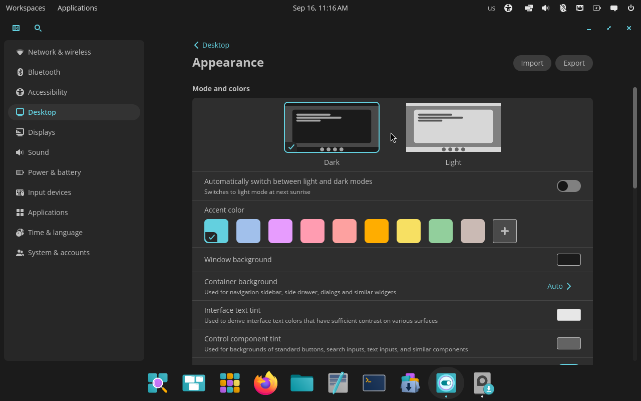 COSMIC Appearance settings showing dark and light modes, accent colors, and background controls