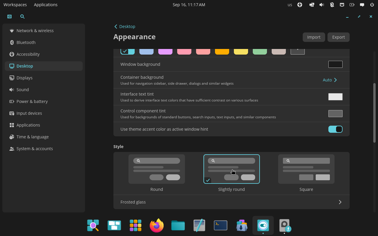 COSMIC interface with slightly rounded corners selected