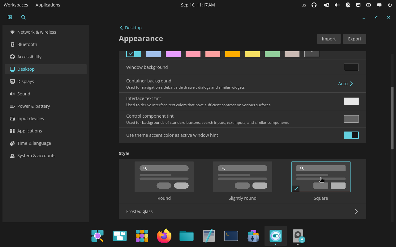 COSMIC interface with square corners selected