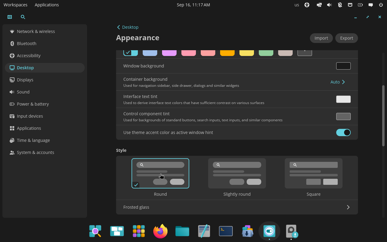 COSMIC interface with rounded corners selected