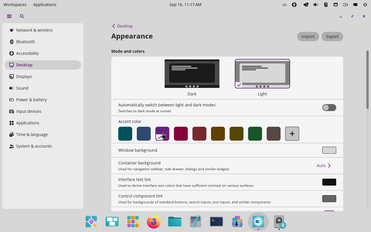 COSMIC using a purple accent color in light mode