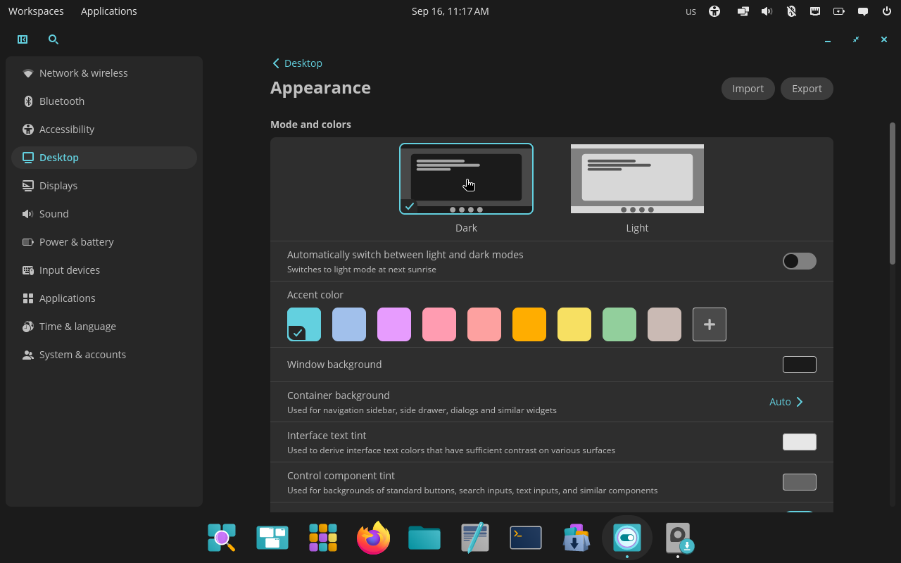 COSMIC using a pink accent color in dark mode