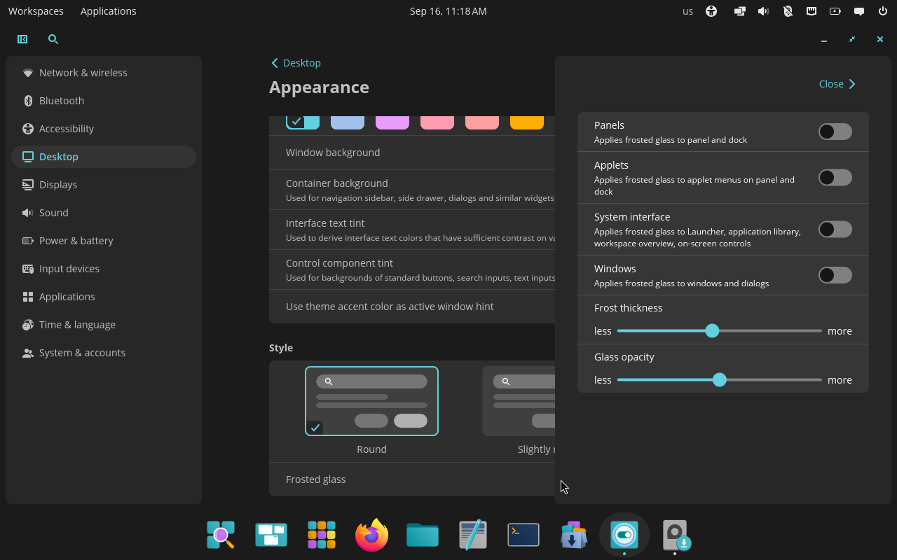 COSMIC frosted-glass settings for panels, applets, the system interface, and windows