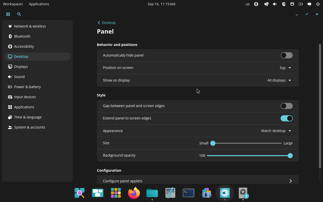 COSMIC panel settings with position, display, style, size, and opacity controls