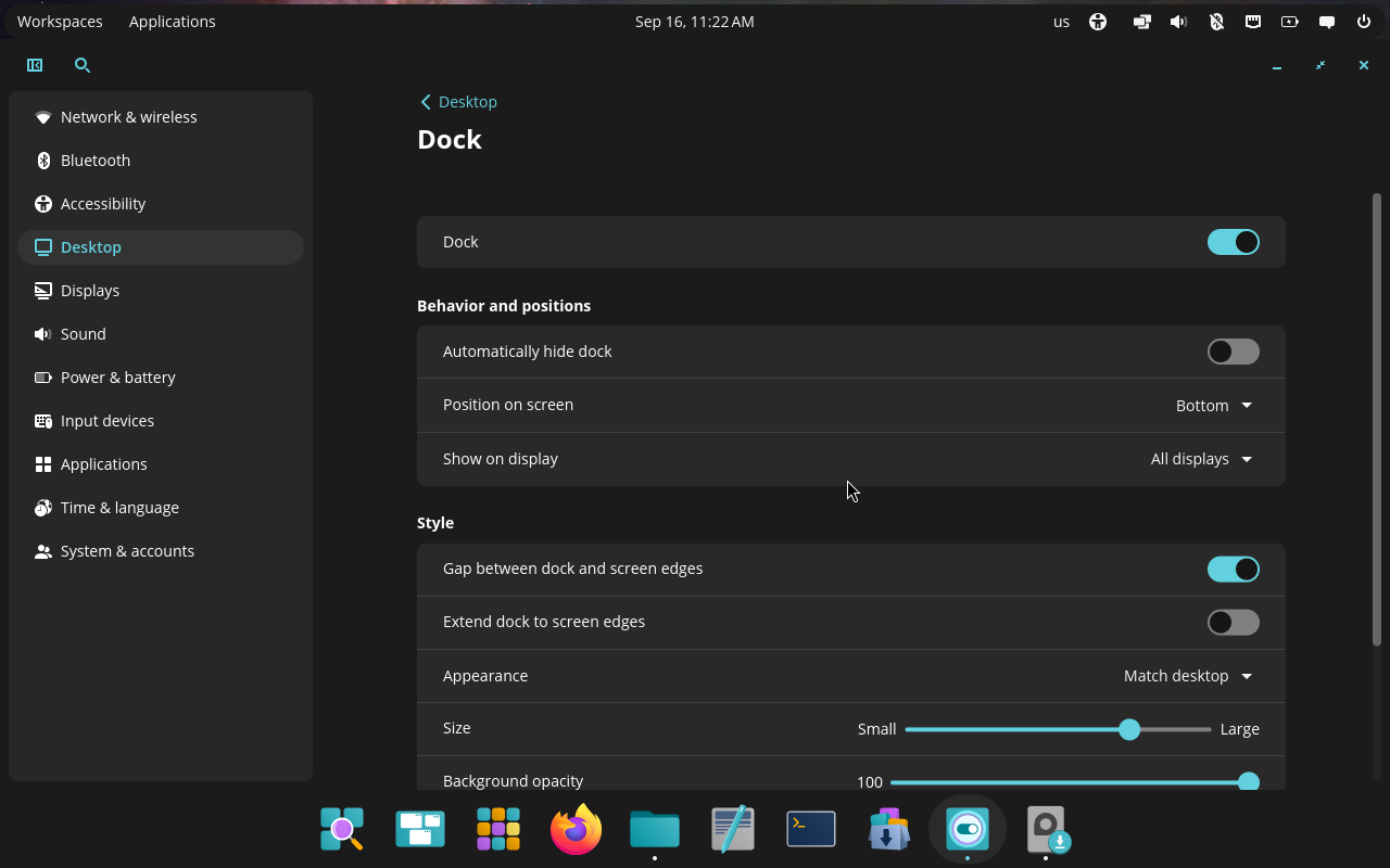 COSMIC dock settings with position, display, style, size, and opacity controls