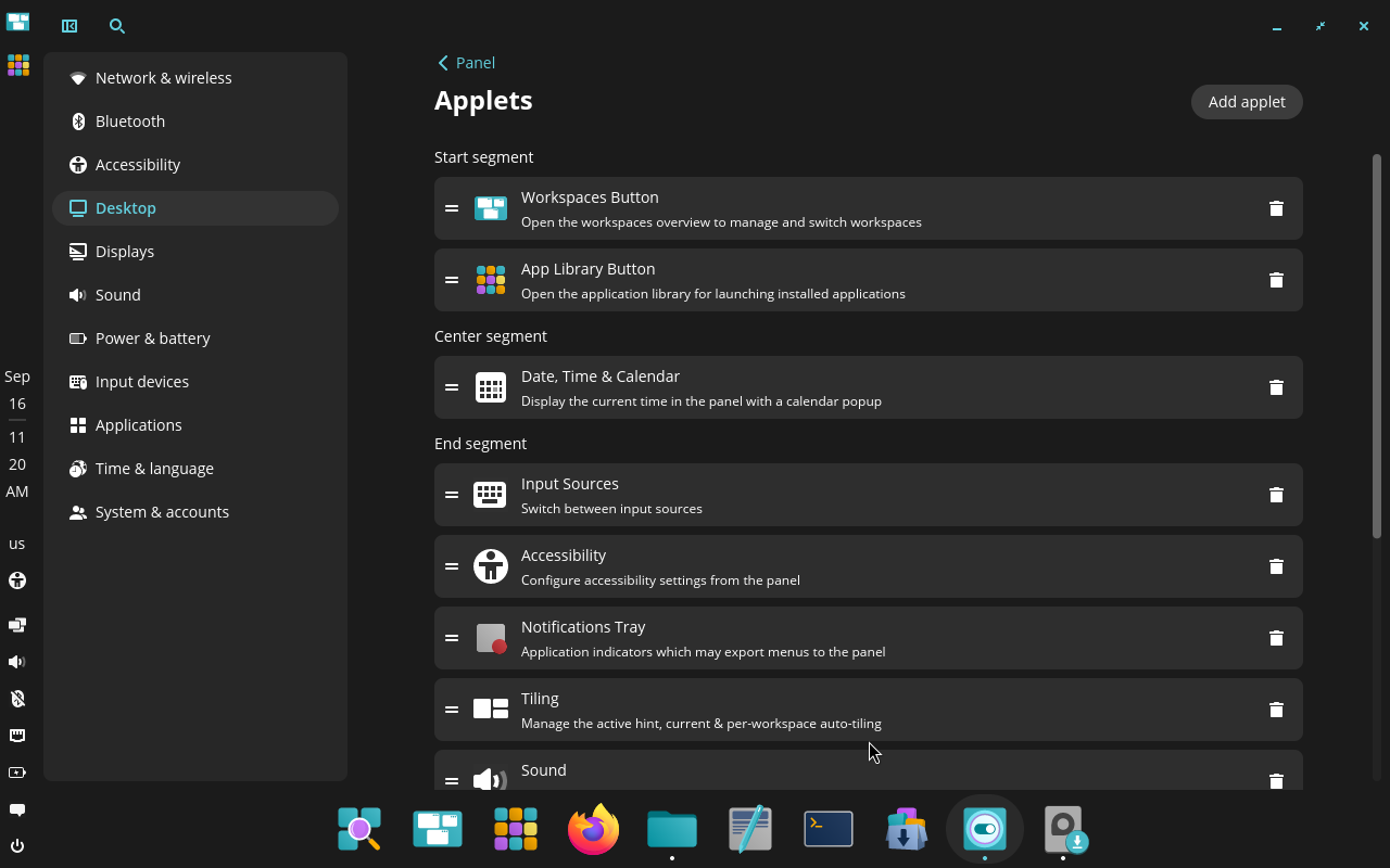 COSMIC panel applet list with start, center, and end segments
