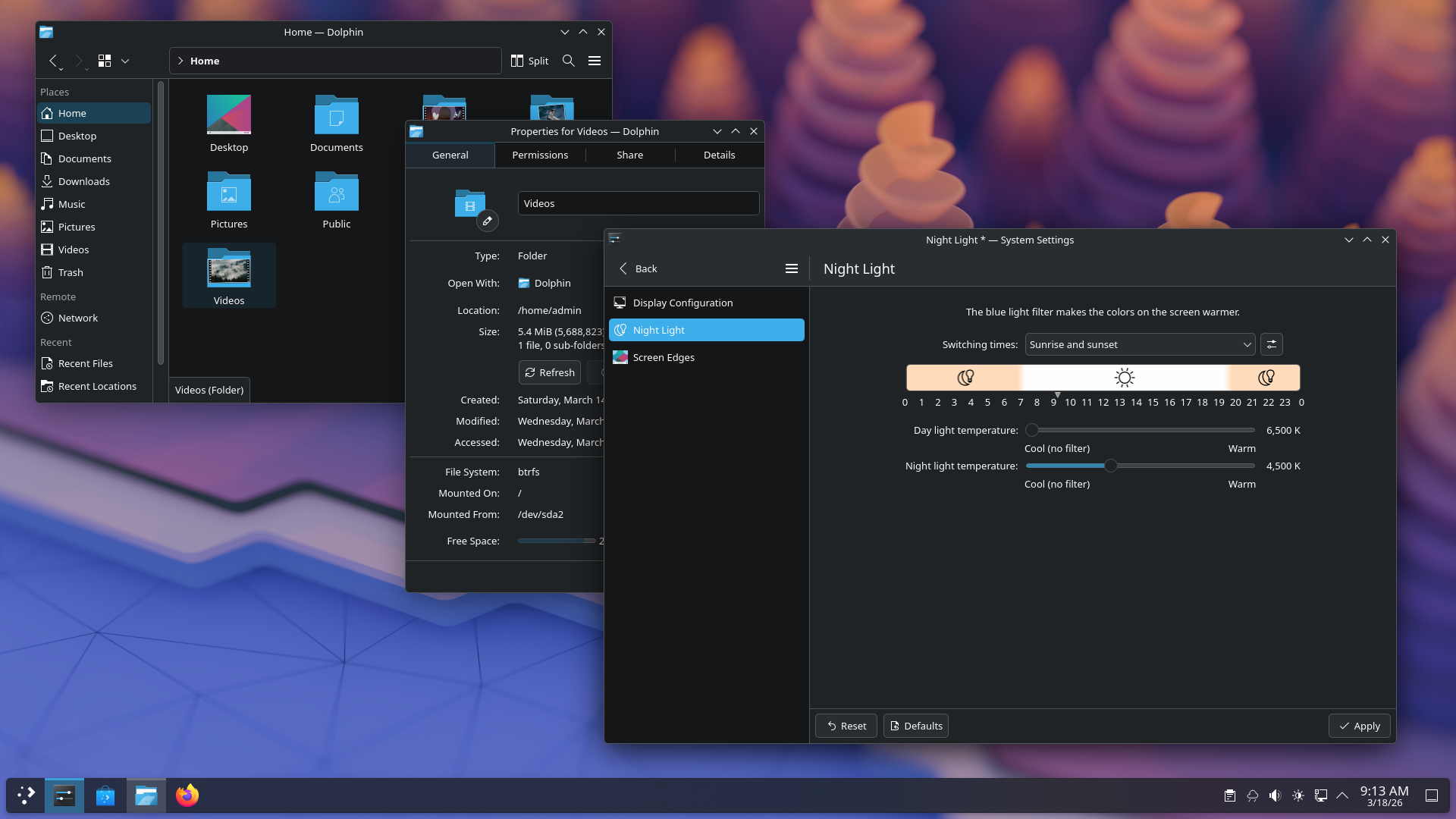KDE Plasma desktop using a dark theme with Dolphin and System Settings windows