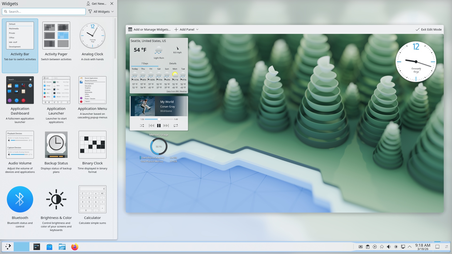 KDE Plasma desktop in edit mode with the widgets browser open