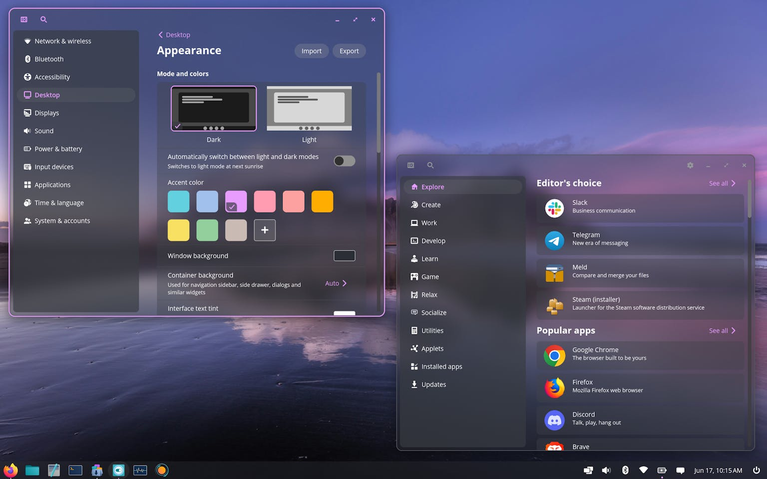 COSMIC desktop with a highly transparent frosted-glass interface