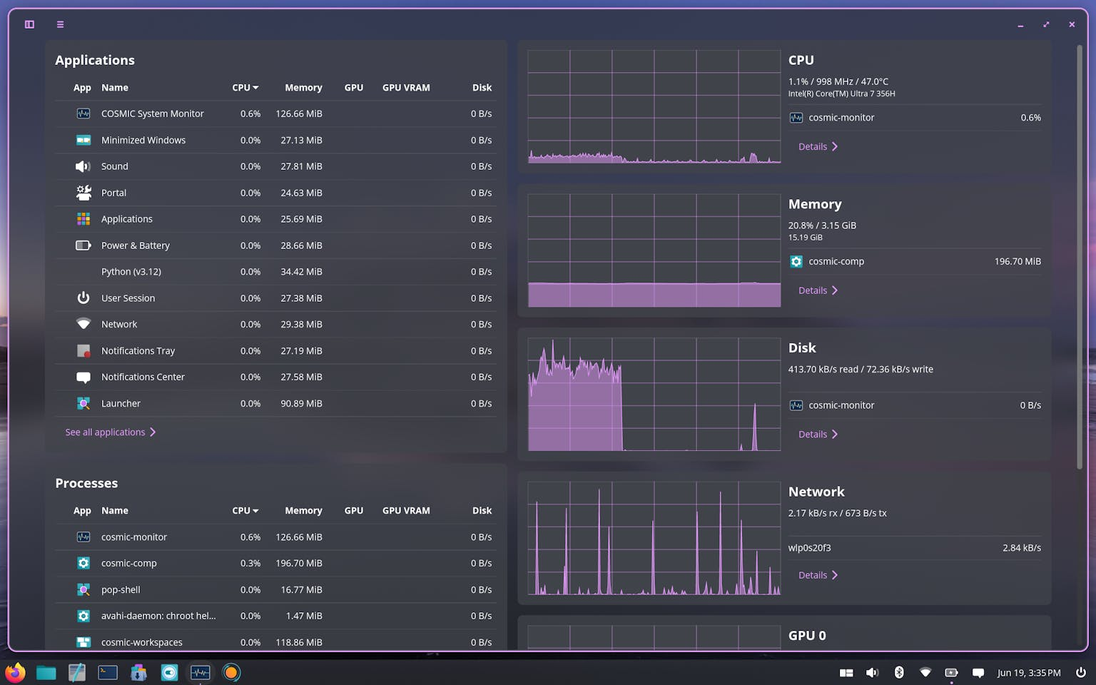 COSMIC System Monitor dashboard
