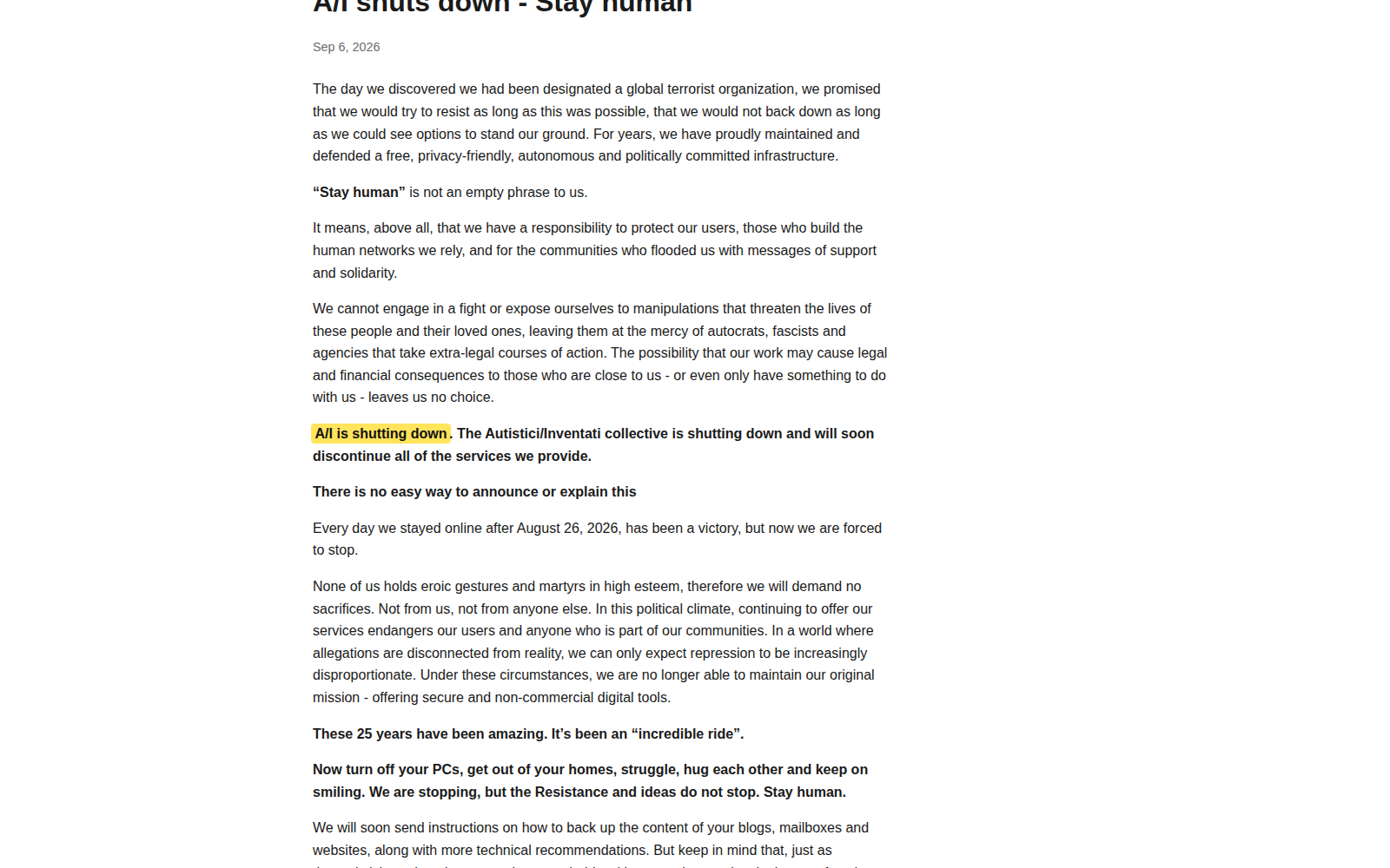 Autistici/Inventati announces that it will wind down operations.