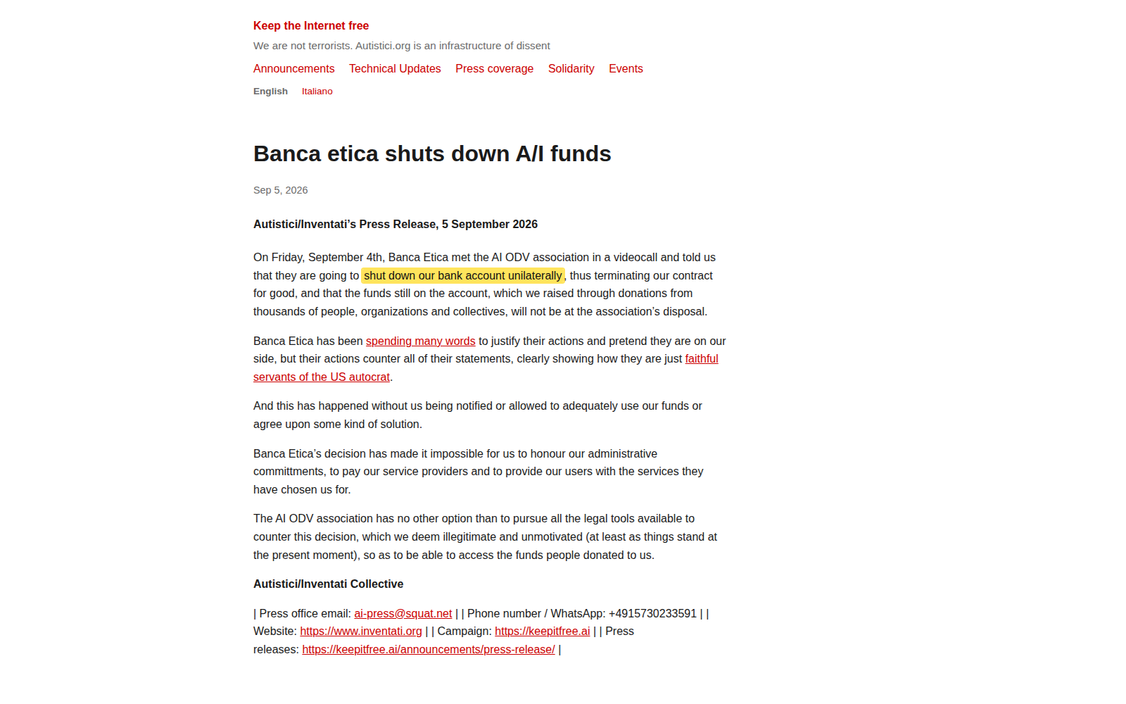 Reporting on the termination of Autistici/Inventati's account.